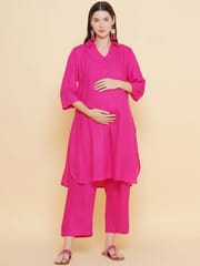 Mine4Nine Women's pink Color Shirt Collar Maternity & Nursing kurta set