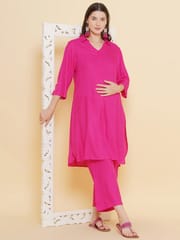 Mine4Nine Women's pink Color Shirt Collar Maternity & Nursing kurta set