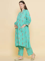 Mine4Nine Women's Green Color Shirt Collar Maternity & Nursing Kurta Set