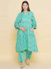 Mine4Nine Women's Green Color Shirt Collar Maternity & Nursing Kurta Set