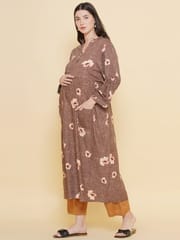 Mine4Nine Women's Brown Color Shirt Collar Maternity & Nursing Kurta Set