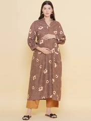 Mine4Nine Women's Brown Color Shirt Collar Maternity & Nursing Kurta Set