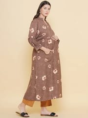 Mine4Nine Women's Brown Color Shirt Collar Maternity & Nursing Kurta Set