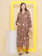 Mine4Nine Women's Brown Color Shirt Collar Maternity & Nursing Kurta Set