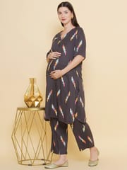 Mine4Nine Women's Grey Color Printed Maternity & Nursing Kurta Set