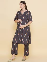 Mine4Nine Women's Grey Color Printed Maternity & Nursing Kurta Set