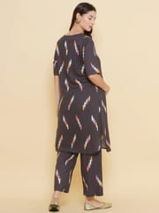 Mine4Nine Women's Grey Color Printed Maternity & Nursing Kurta Set