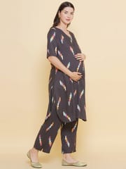 Mine4Nine Women's Grey Color Printed Maternity & Nursing Kurta Set