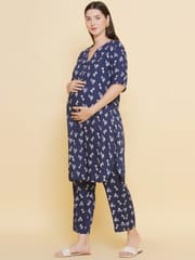 Mine4Nine Women's Navy Blue Printed Pattern Maternity & Nursing Kurta Set