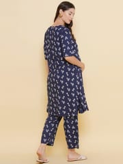 Mine4Nine Women's Navy Blue Printed Pattern Maternity & Nursing Kurta Set