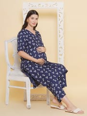 Mine4Nine Women's Navy Blue Printed Pattern Maternity & Nursing Kurta Set