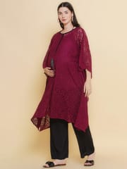 Mine4Nine Women's Wine color Lace Maternity & Nursing Kaftaan Set