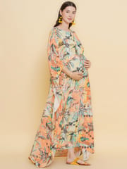 Mine4Nine Women's Peach color Printed Maternity & Nursing Kaftaan Dress