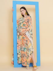 Mine4Nine Women's Peach color Printed Maternity & Nursing Kaftaan Dress