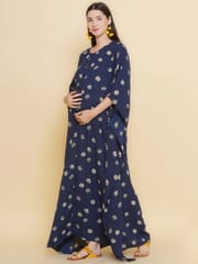 Mine4Nine Women's Navy Blue color Printed Maternity & Nursing Kaftaan Dress