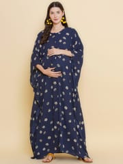 Mine4Nine Women's Navy Blue color Printed Maternity & Nursing Kaftaan Dress