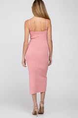 VDRESS Pink Ribbed Square Neck Side Slit Maternity Midi Dress