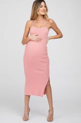 VDRESS Pink Ribbed Square Neck Side Slit Maternity Midi Dress