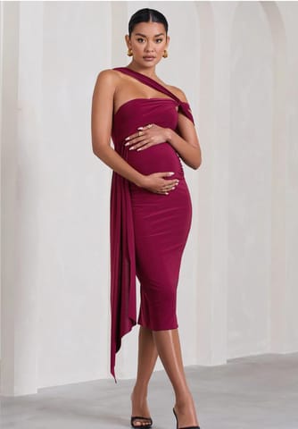 VDRESSWINI MATERNITY ONE SHOULDER MAXI DRESS WITH CAPE SLEEVE