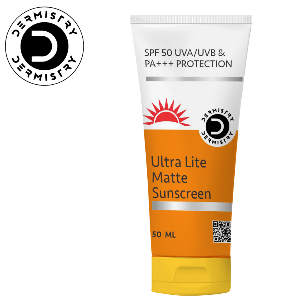 Dermistry Ultra Lite Matte Sunscreen for Oily Acne Prone Skin SPF 50 Anti-Pollution UVA UVB PA+++ Very High Broad Spectrum Water Based Aqua Gel Sun Blue Light Radiation Protection Moisturizer Hydrating Best Lotion Even Tone Non Tinted Greasy Finish Look Fragrance Free Water & Sweat Resistant Lightweight Body Lotion Dry Touch No White Cast All Skin Type-50ml