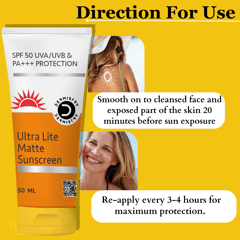 Dermistry Ultra Lite Matte Sunscreen for Oily Acne Prone Skin SPF 50 Anti-Pollution UVA UVB PA+++ Very High Broad Spectrum Water Based Aqua Gel Sun Blue Light Radiation Protection Moisturizer Hydrating Best Lotion Even Tone Non Tinted Greasy Finish Look Fragrance Free Water & Sweat Resistant Lightweight Body Lotion Dry Touch No White Cast All Skin Type-50ml