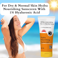 Dermistry 1% Hyaluronic Acid Hydra Nourishing Anti-Pollution Sunscreen Aqua Gel for Dry Skin SPF 50 UVA UVB PA+++ Sun Blue Light Radiation Protection Very High Broad Spectrum Moisturizing Lotion Non Tinted Greasy Water & Sweat Resistant Lightweight Cream for Daily Use Quick Absorb No White Cast For All Skin Type-50ml