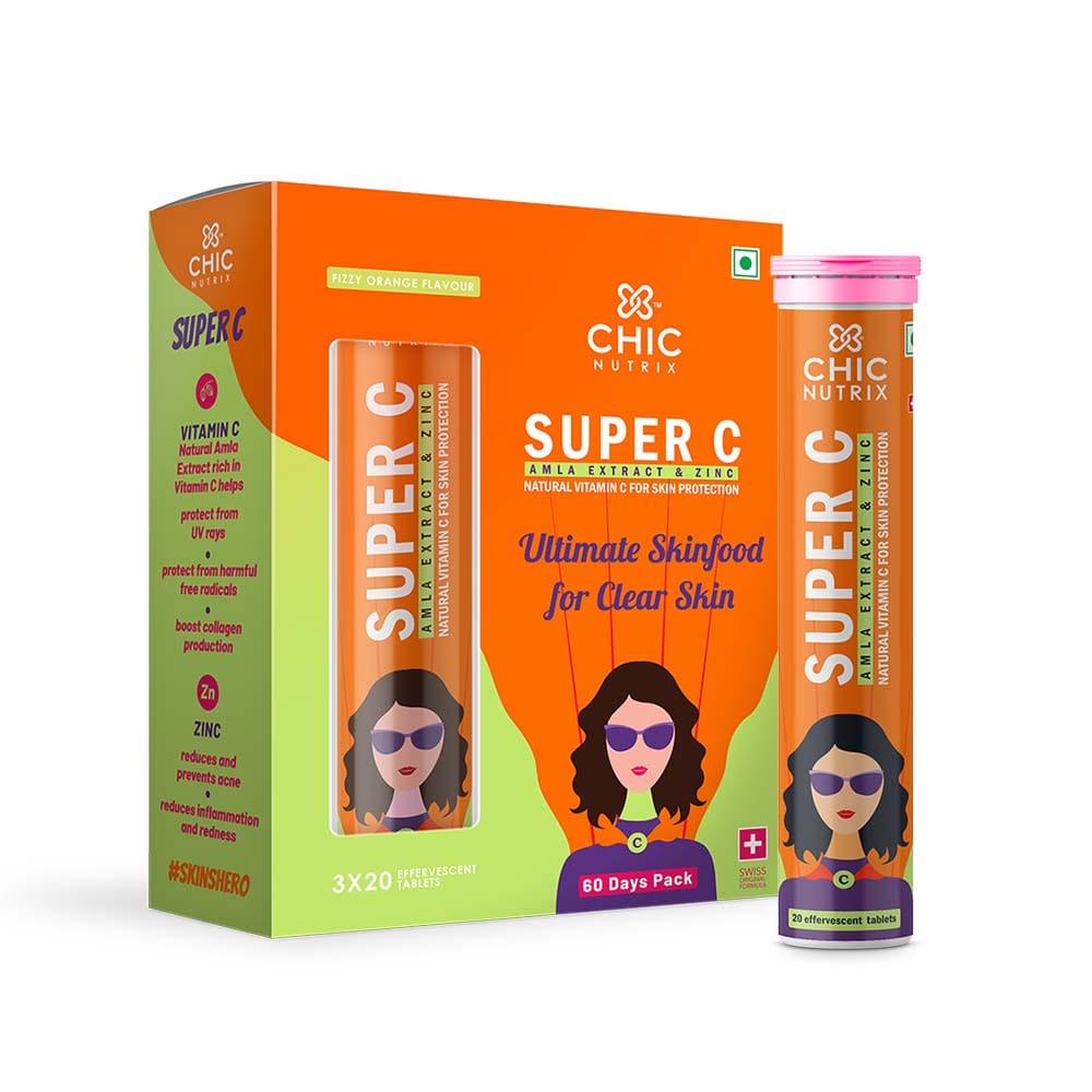 Super C - Natural Vitamin C for Skin Protection - 100mg Amla Extract & Zinc - Fizzy Orange Flavour (60 Tablets)