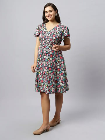 TUMMY-Multicolour organic cotton maternity dress with drawstring