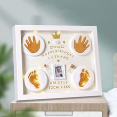 Charismomic Baby Clay Handprint & Footprint Wooden Frame with LED Light Safe and Non-Toxic Clay | New Born Gift | 1ST Birthday Gift | Baby Shower Gift (White)