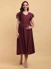 CHARISMOMIC Multiple Strips Delight  Maternity & Nursing Dress : Maroon