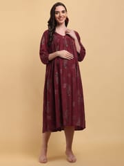 CHARISMOMIC Comfort Billowing Sleeve Maternity & Nursing Dress : Maroon