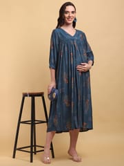 CHARISMOMIC Ethnic foil printed Maternity & Nursing Dress : Blue