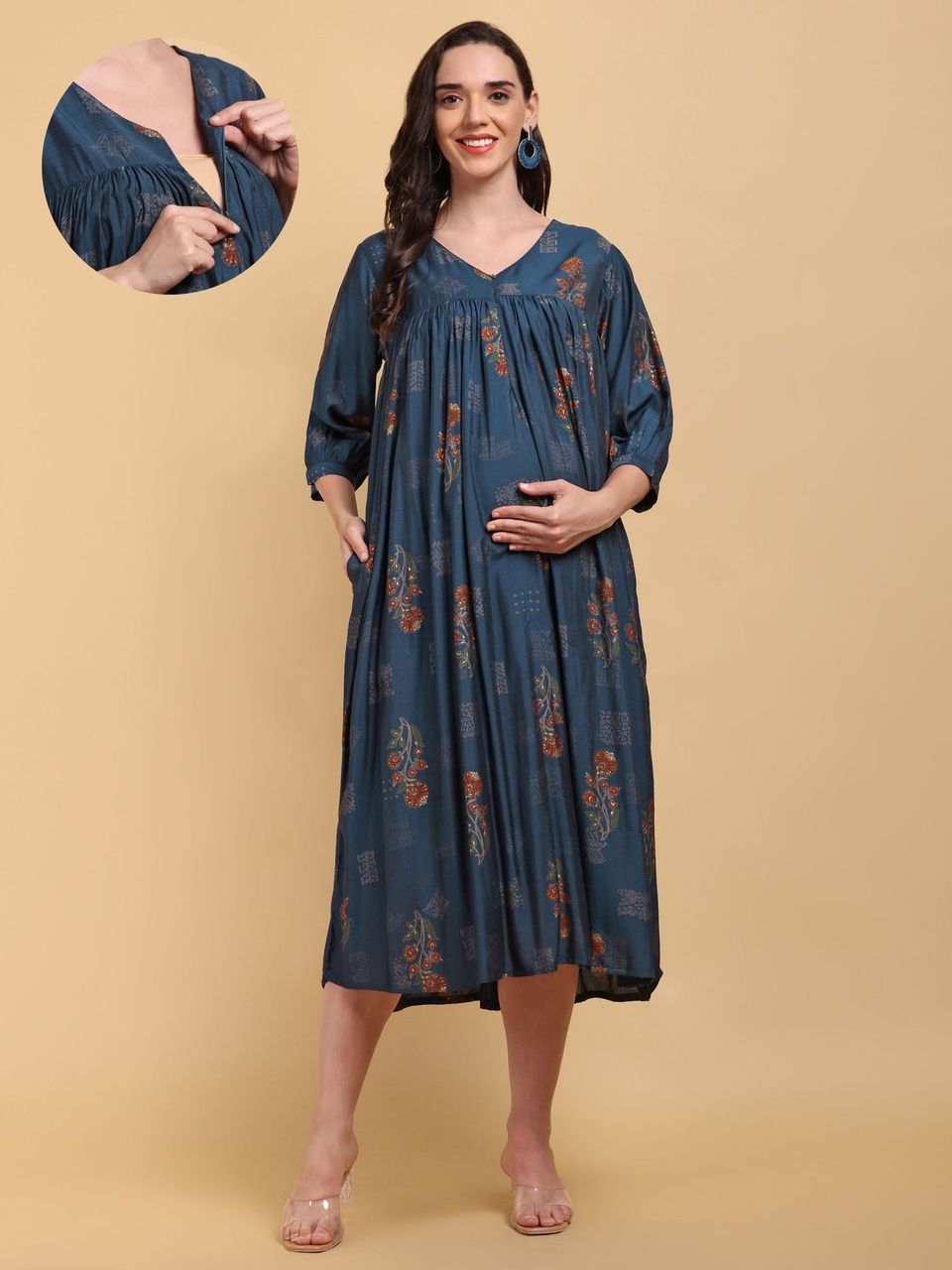 CHARISMOMIC Ethnic foil printed Maternity & Nursing Dress : Blue