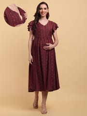 CHARISMOMIC Multiple Strips Delight  Maternity & Nursing Dress : Maroon