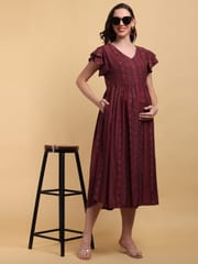 CHARISMOMIC Multiple Strips Delight  Maternity & Nursing Dress : Maroon