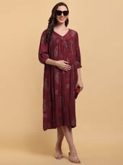 CHARISMOMIC Comfort Billowing Sleeve Maternity & Nursing Dress : Maroon