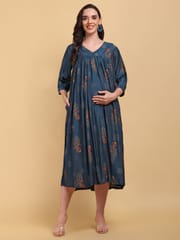 CHARISMOMIC Ethnic foil printed Maternity & Nursing Dress : Blue