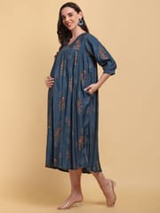 CHARISMOMIC Ethnic foil printed Maternity & Nursing Dress : Blue