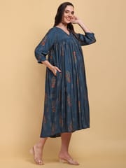 CHARISMOMIC Ethnic foil printed Maternity & Nursing Dress : Blue