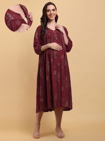 CHARISMOMIC Comfort Billowing Sleeve Maternity & Nursing Dress : Maroon