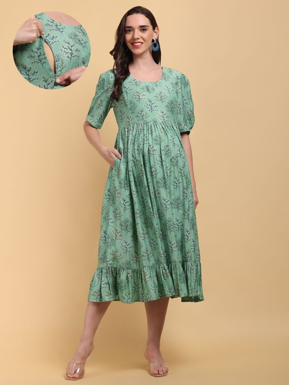 CHARISMOMIC Green Petal Push Maternity & Nursing Dress : Green