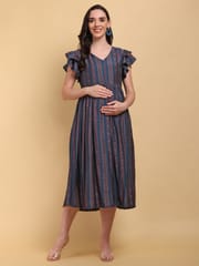 CHARISMOMIC Ruffle Charm sleeve Maternity & Nursing Dress : Blue