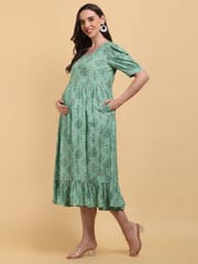 CHARISMOMIC Green Petal Push Maternity & Nursing Dress : Green