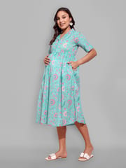 CHARISMOMIC Convertible Collar Maternity and Nursing Dress : Teal Blue