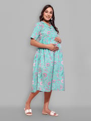 CHARISMOMIC Convertible Collar Maternity and Nursing Dress : Teal Blue