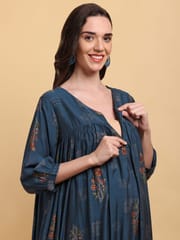 CHARISMOMIC Ethnic foil printed Maternity & Nursing Dress : Blue