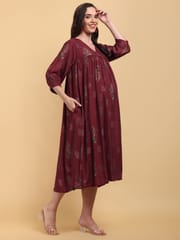 CHARISMOMIC Comfort Billowing Sleeve Maternity & Nursing Dress : Maroon