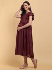 CHARISMOMIC Multiple Strips Delight  Maternity & Nursing Dress : Maroon