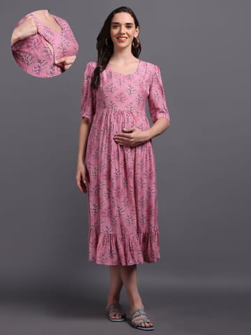 CHARISMOMIC Blusing beauty Maternity & Nursing Dress : Pink