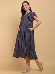 CHARISMOMIC Ruffle Charm sleeve Maternity & Nursing Dress : Blue